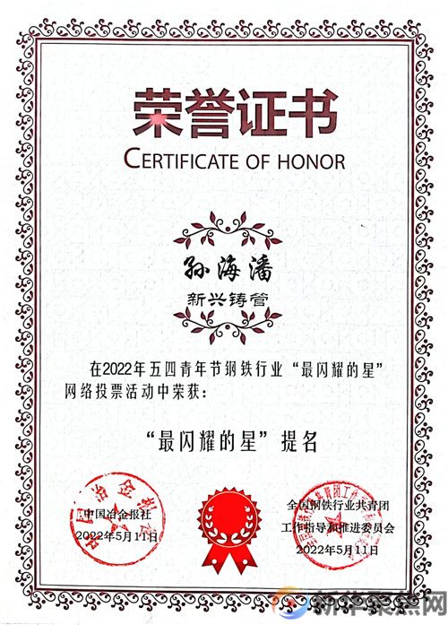 点赞！新兴铸管武安本级轧钢部孙海潘评为钢铁行业“最闪耀的星”