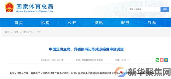 中国足协主席、党委副书记陈戌源接受审查调查！